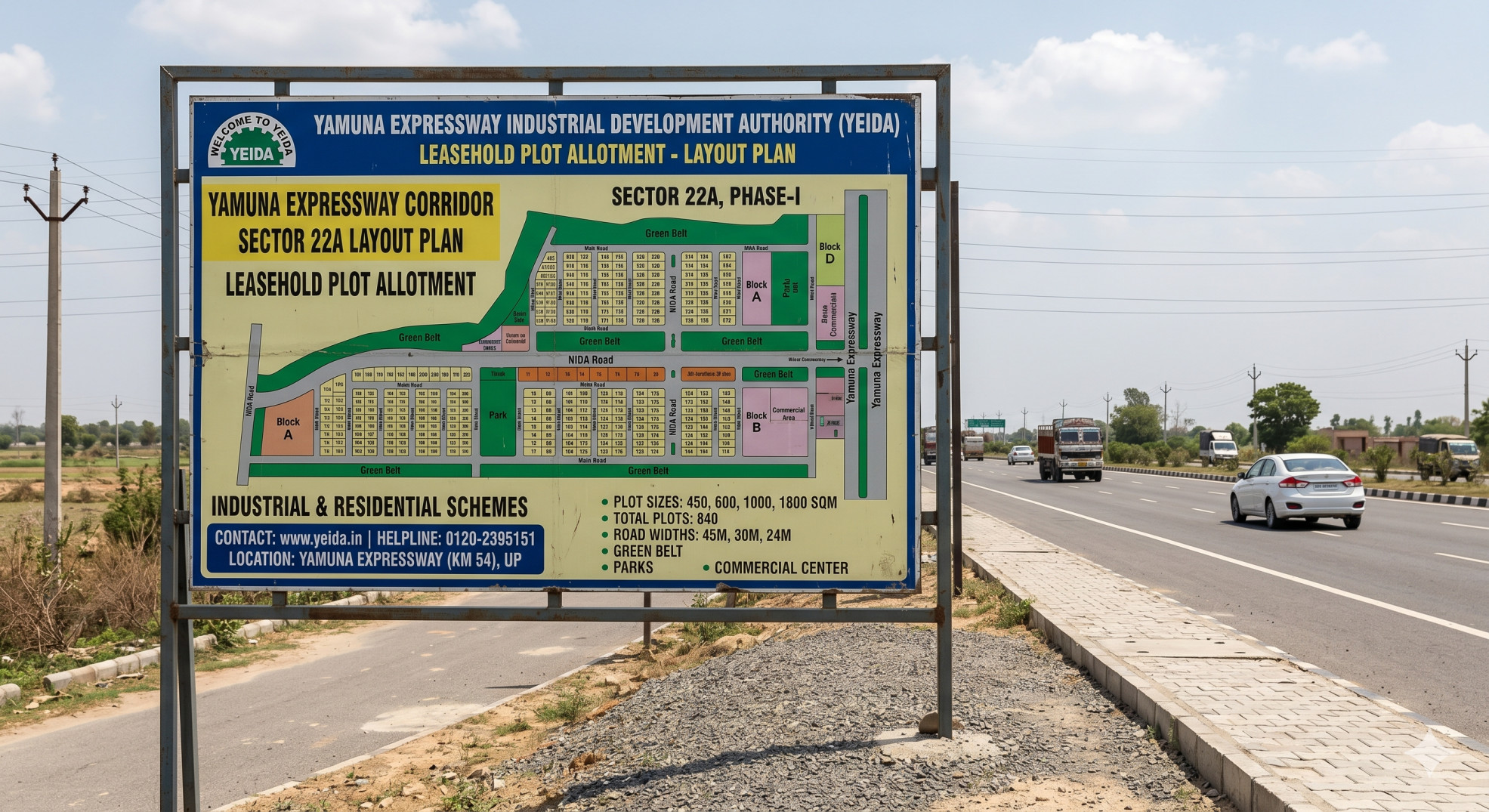 YEIDA leasehold plot allotment signage on the Yamuna Expressway corridor